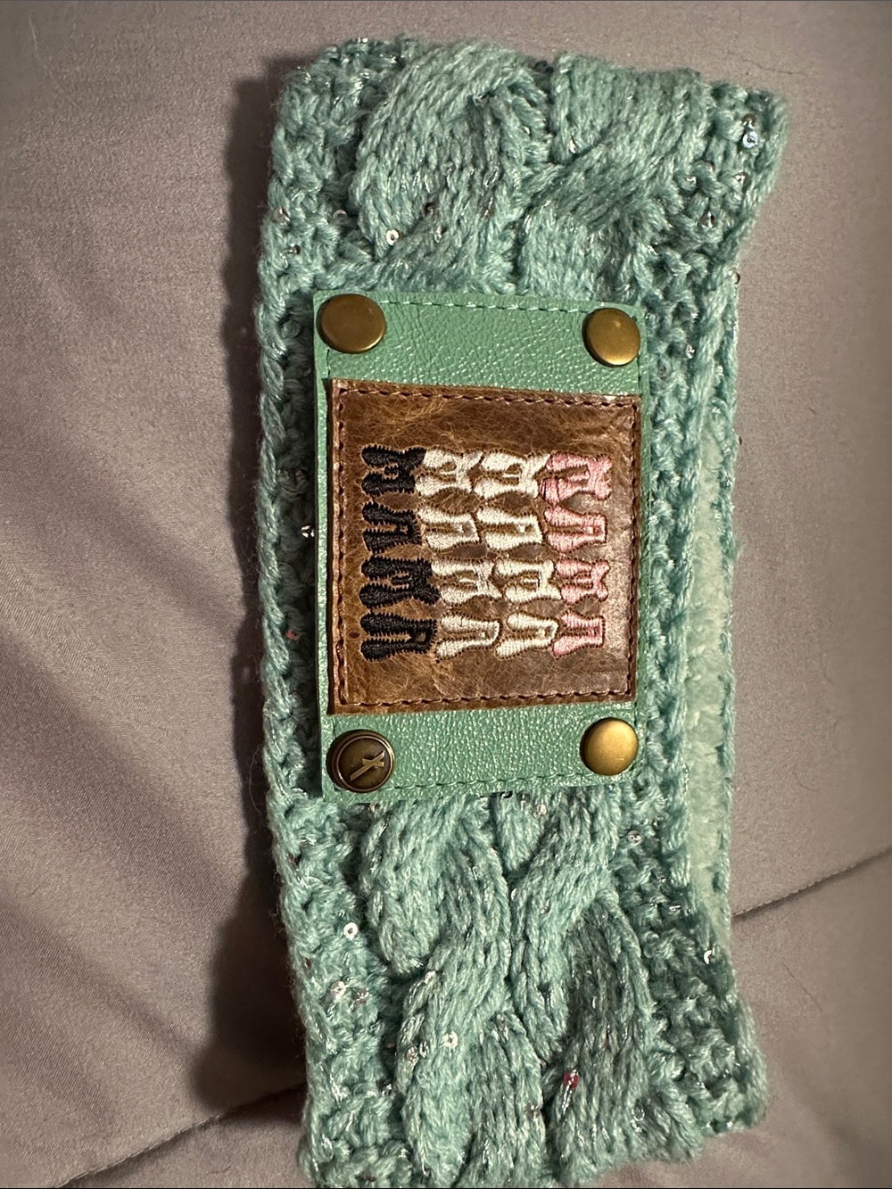 Mint Knit Sequin Cable Headband with Leather Patch. C.C Exclusive